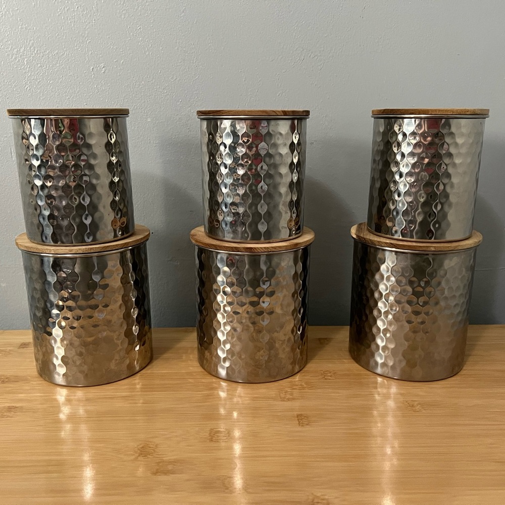 Uncommon James Silver Hammered Canisters with Wooden Lids